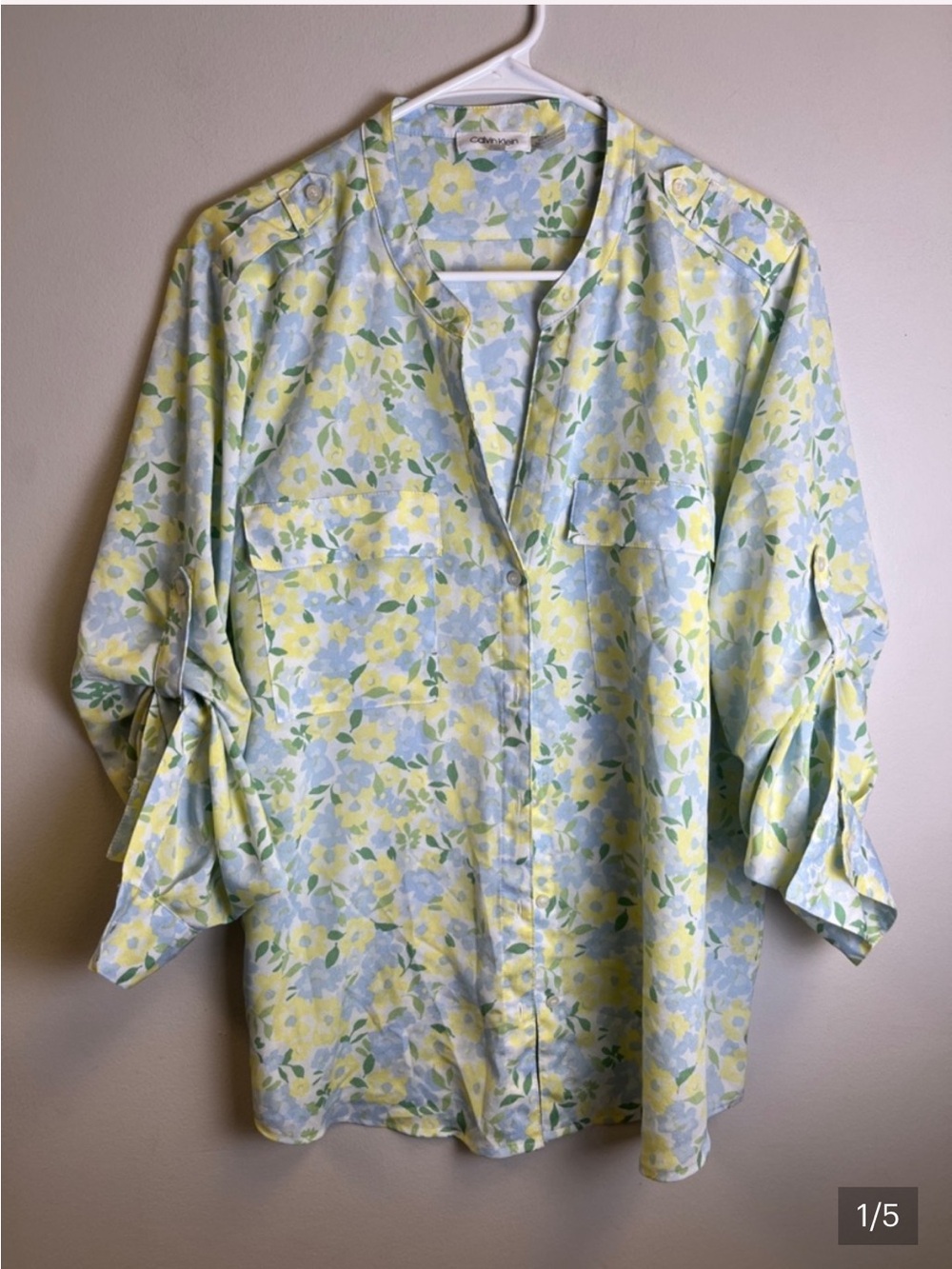 Calvin Klein Yellow Blue Floral Button-Front Blouse